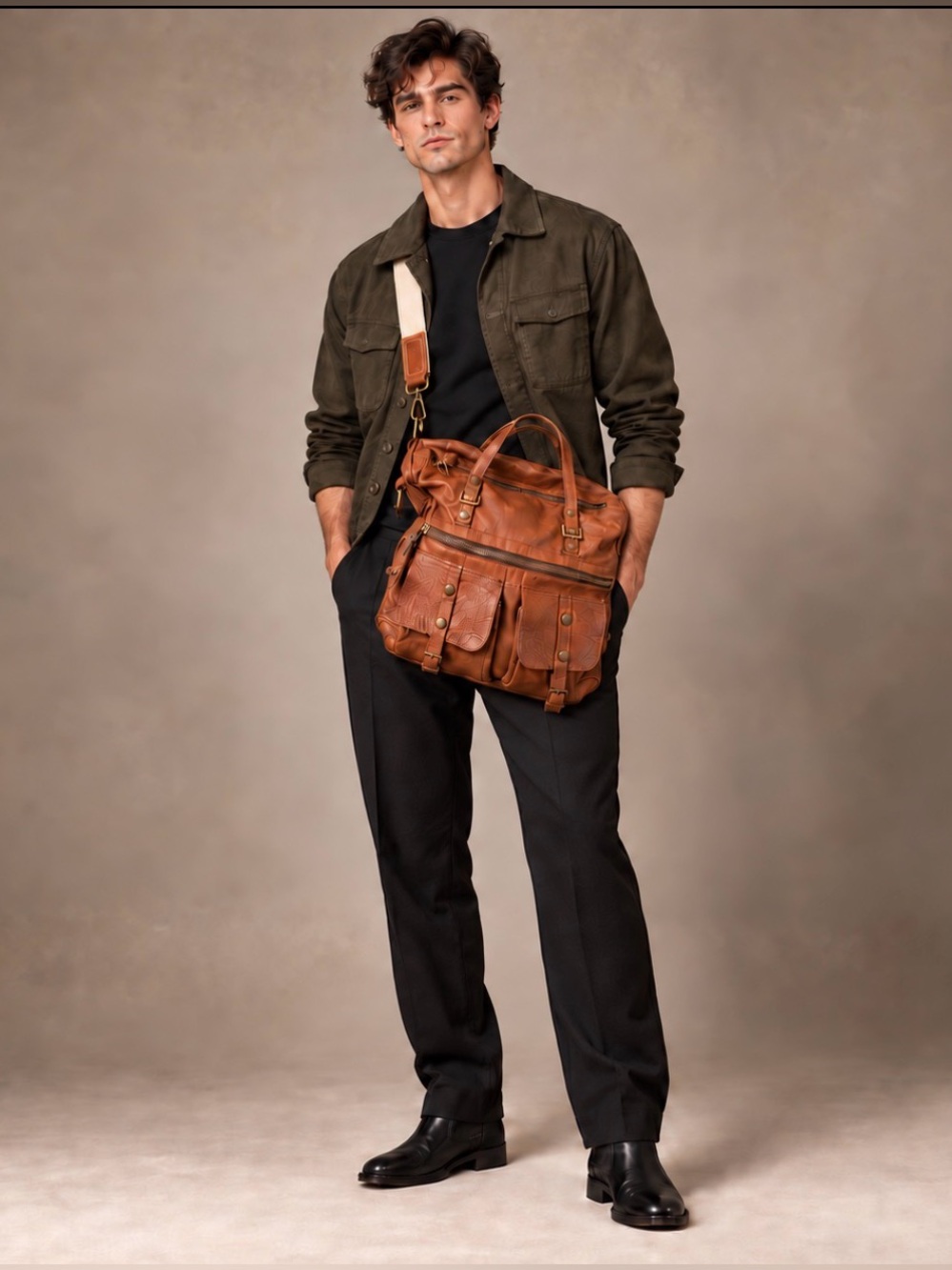 Campomaggi Men’s Cognac Leather Cargo Crossbody Satchel Bag Made in Italy